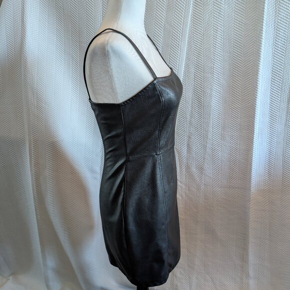 H&M Black Faux Leather Mini Dress Spaghetti Straps Stretch Size 6 Goth Grunge - Picture 2 of 9